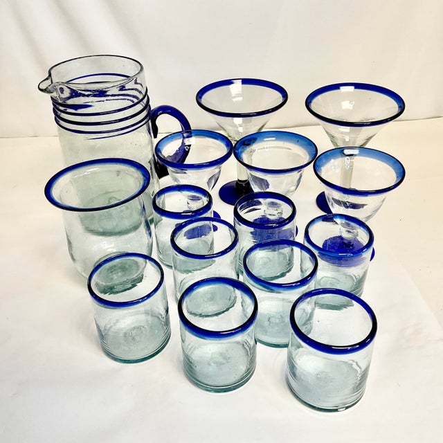 1970s 1970s Vintage Mexico Hand Blown Glass Bar Collection - 15 Piece Set. For Sale - Image 5 of 10