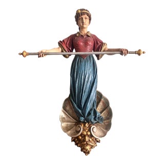 1900s Wood Carved Circus Wagon or Organ Music Banner Woman For Sale