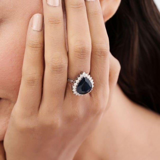 Art Deco Victorian Natural 18k White Gold 8.42ct Blue Sapphire & Diamond Art Deco Ring Size 4 For Sale - Image 3 of 17