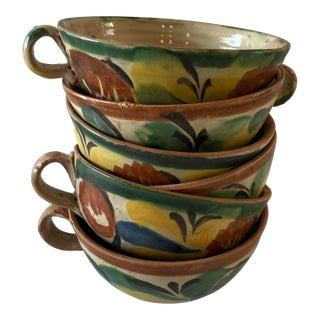 Set of 6 Vintage Hand Painted Mexican Pottery Cups For Sale