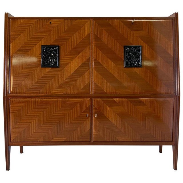 Italian Secretaire with Geometric Veneer and Carved Panels, 1950s For Sale - Image 12 of 12