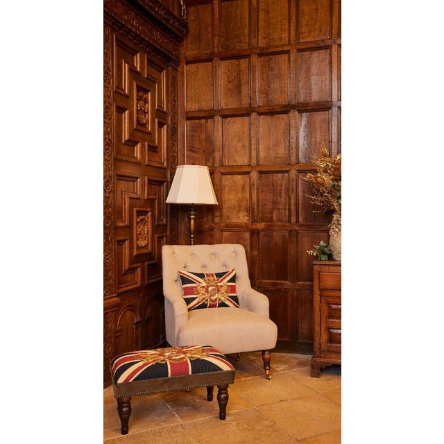 English Union Jack Crest Upholstered Stool With Velvet Sides For Sale - Image 3 of 3