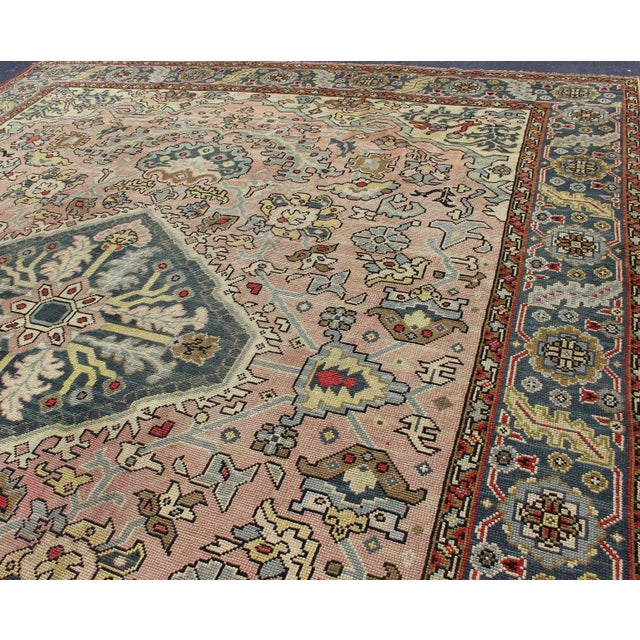 1930s 1930s Large Oushak Rug With Floral Design in Pink and Steel Blue For Sale - Image 5 of 13