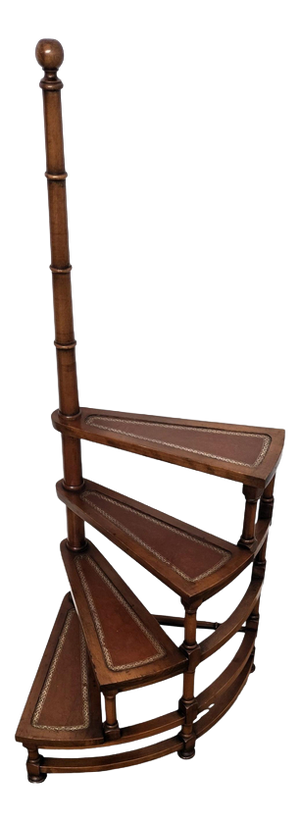 Mid-Century Italian Carved Walnut Wood and Leather Spiral Four-Step Library Ladder, 1950s