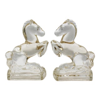 Circa 1930-40s Art Deco-Art Modern Pair of Rearing Horse Glass Bookends For Sale