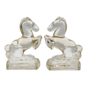 Circa 1930-40s Art Deco-Art Modern Pair of Rearing Horse Glass Bookends