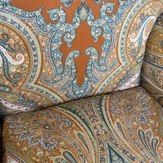 These amazing chairs are large and comfortable. Circa 1950, they have been reupholstered in this beautiful fabric by...