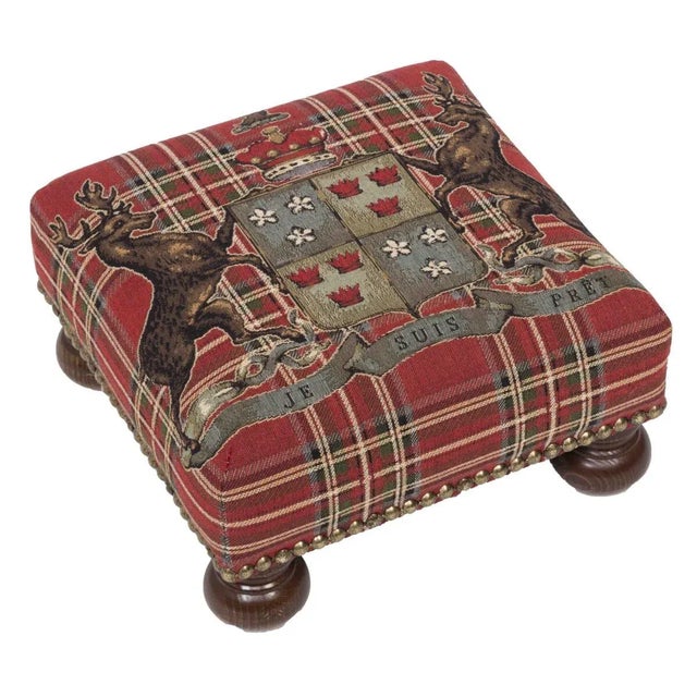 Tapestry Footstools with bun-feet and traditional-style studding.