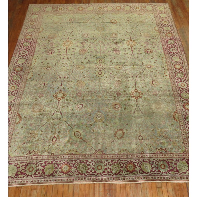 Green Background Persian Tabriz Rug rug no.j1615 For Sale In New York - Image 6 of 8