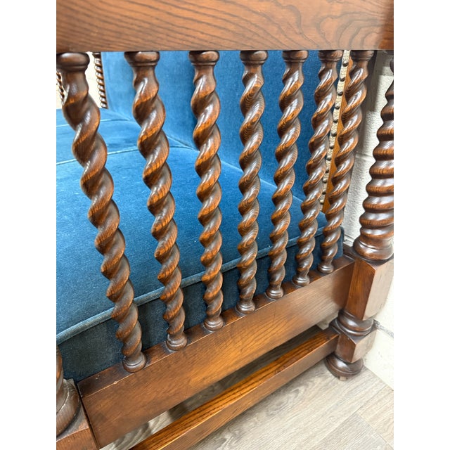 Antique Jacobean Revival Blue Velvet Upholstered Oak Hall Settee Daybed Bench For Sale - Image 10 of 18