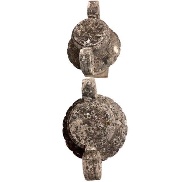 Stone Pair of Vintage Weathered Cast Stone Classical Garden Urns With Scroll Handles For Sale - Image 7 of 12