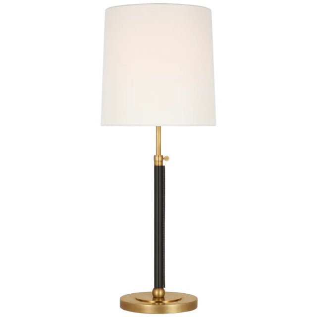 Thomas O'Brien by Visual Comfort Signature Bryant Large Wrapped Table Lamp in Hand-Rubbed Antique Brass and Chocolate Leather with Linen Shade For Sale