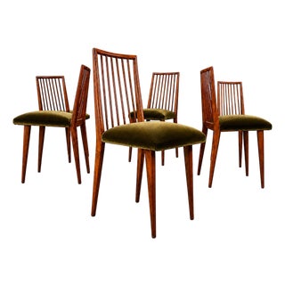 Rare Set of Six Dining Chairs by Joaquim Tenreiro in Caviúna Wood & Olive Green Mohair, Brazil, 1950s For Sale