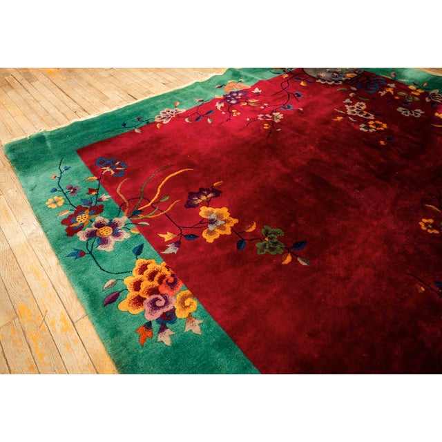 1920s Antique Red Bold Open Field Floral Modern Knotted Wool Chinese Art Deco Rug For Sale In New York - Image 6 of 11