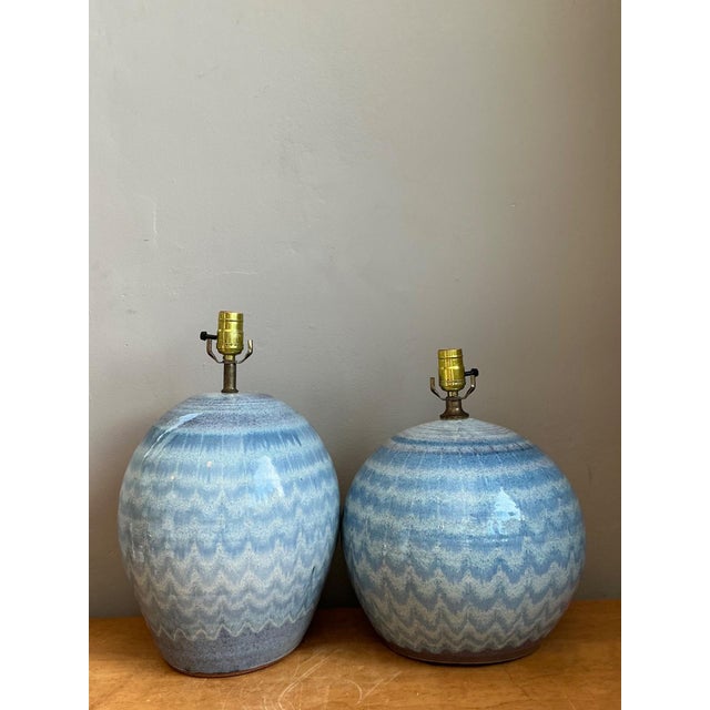 Mid-Century Modern Vintage Blue Glazed Ceramic Table Lamps - Set of 2 For Sale - Image 3 of 18