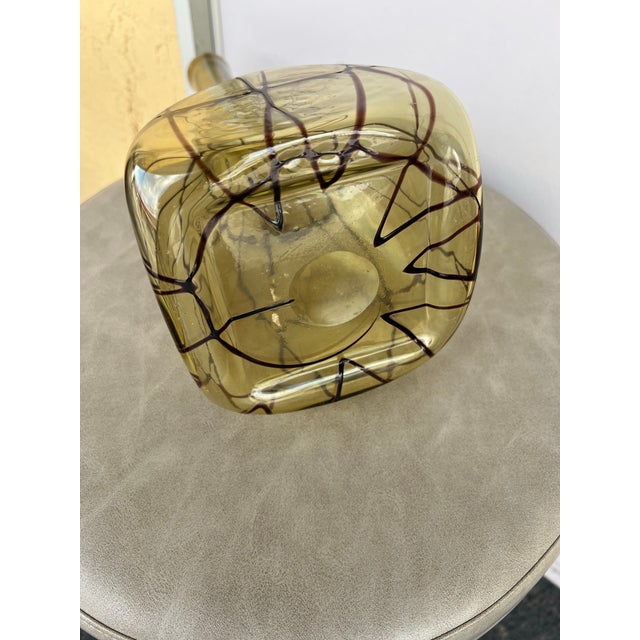 Vintage Hand Blown Glass Vase Art Amber Applied Onyx Overlay Abstract Decor For Sale - Image 4 of 8