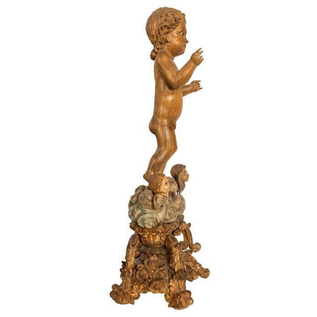 17th Century Antique 17thC Spanish Baroque Painted Carved Sculpture Salvator Mundi Jesus 1620 For Sale - Image 5 of 17