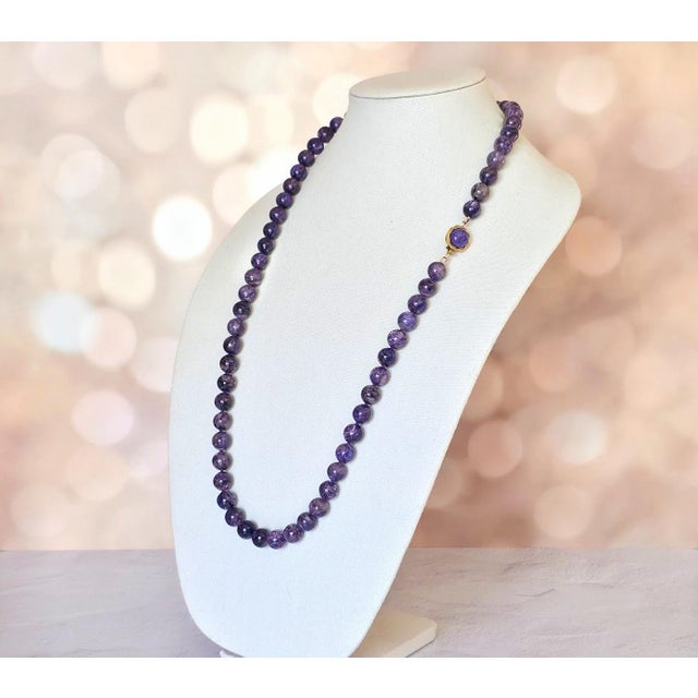 Charoite Long Necklace With Gilt Silver Charoite Clasp, 33.5" For Sale - Image 4 of 8