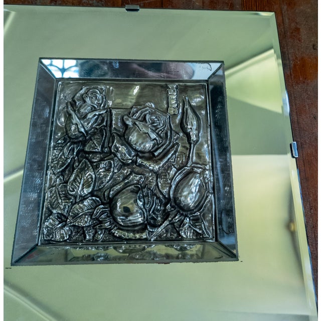 Metal Mid-Century Mirror Shadowbox Frame With Repousse Silver Floral Art For Sale - Image 7 of 13