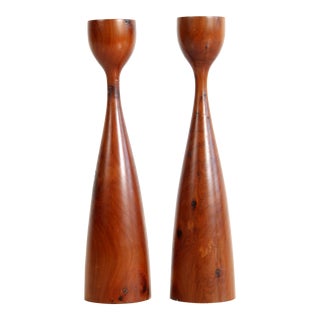 Mid Century Modern Turned Cedar Wood Candle Sticks From Bermuda For Sale