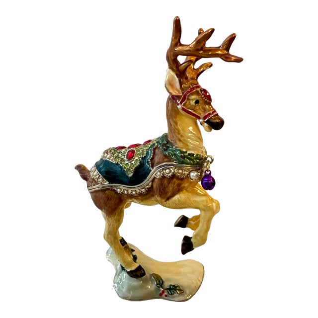 1990s Goldtone Enameled Reindeer Trinket Box With Bejeweled Crystals For Sale