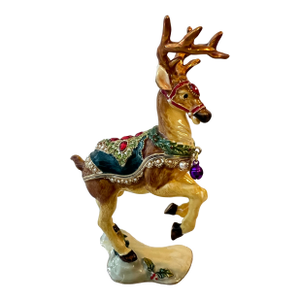 1990s Goldtone Enameled Reindeer Trinket Box With Bejeweled Crystals