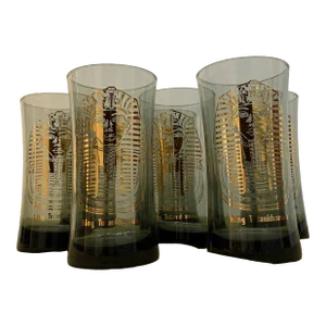 Mid 20th Century King Tutankhamun Smokey Glass Gold Accent Cocktail Glasses- Set of 7