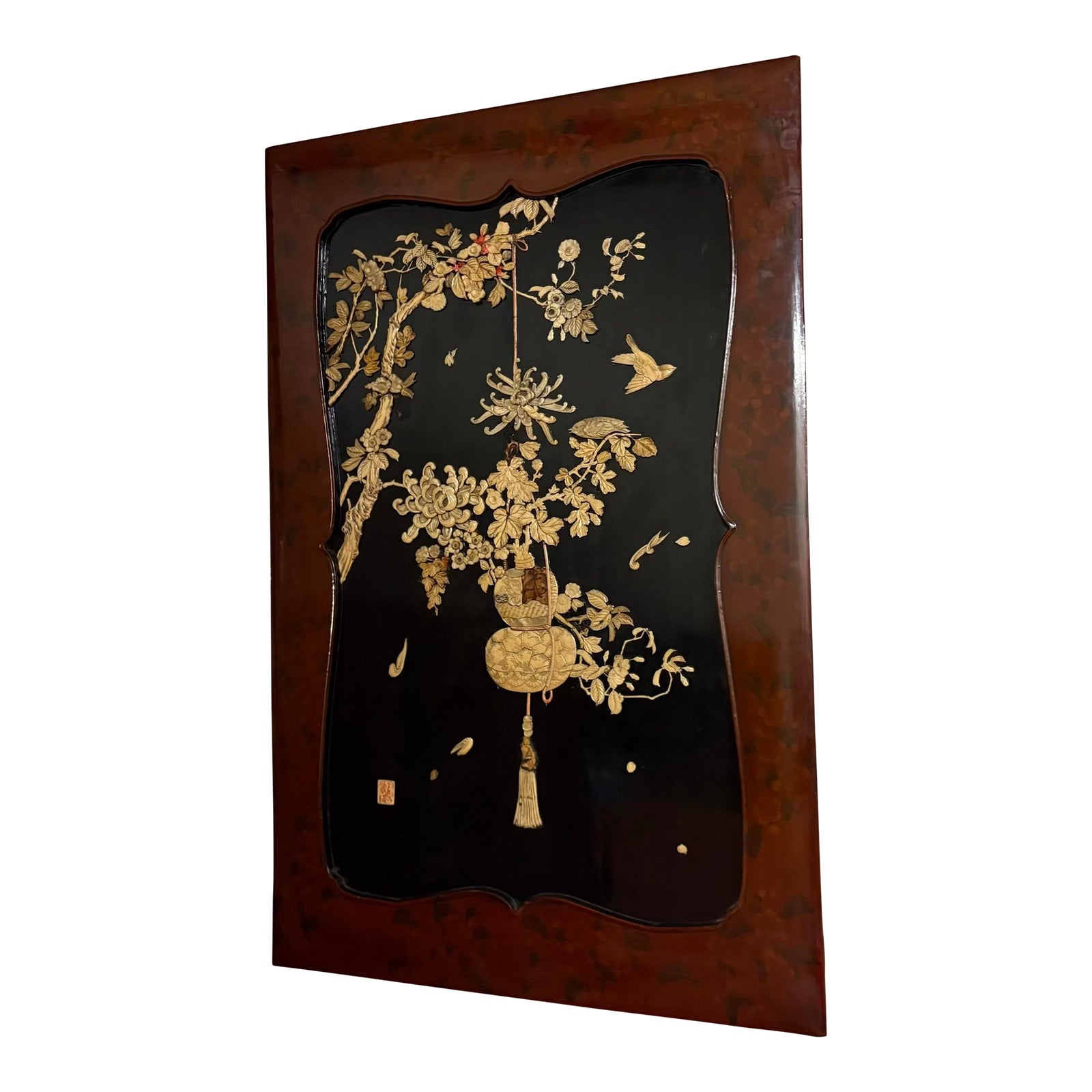Japanese Lacquer Wall Panel With Chrysanthemum and Bird Relief