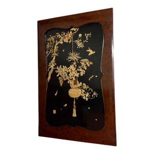 Japanese Lacquer Wall Panel With Chrysanthemum and Bird Relief