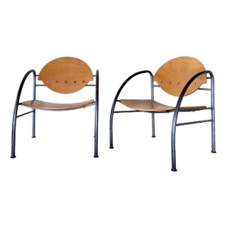 Set of Wooden and Steel Armchairs, 1980s For Sale