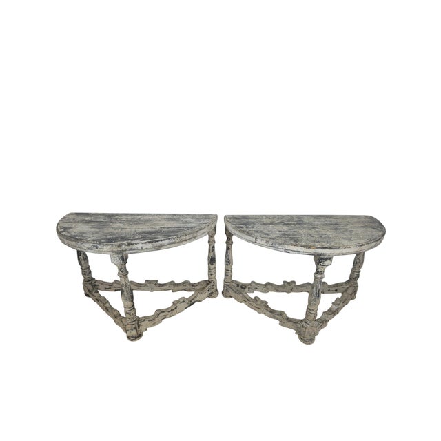 Distressed Gray and White Demi-Lune Wall Consoles, 1990s, Set of 2 For Sale - Image 9 of 9