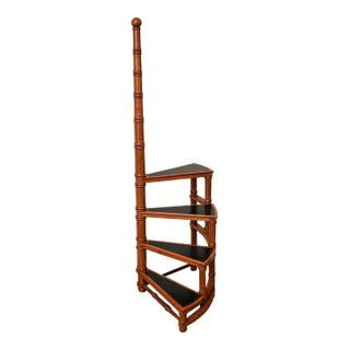 Vintage Walnut Spiral Library Steps With Black Leather Treads For Sale