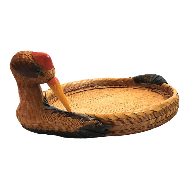 1970s Shanghai Handicrafts Large Wicker Bird Tray For Sale