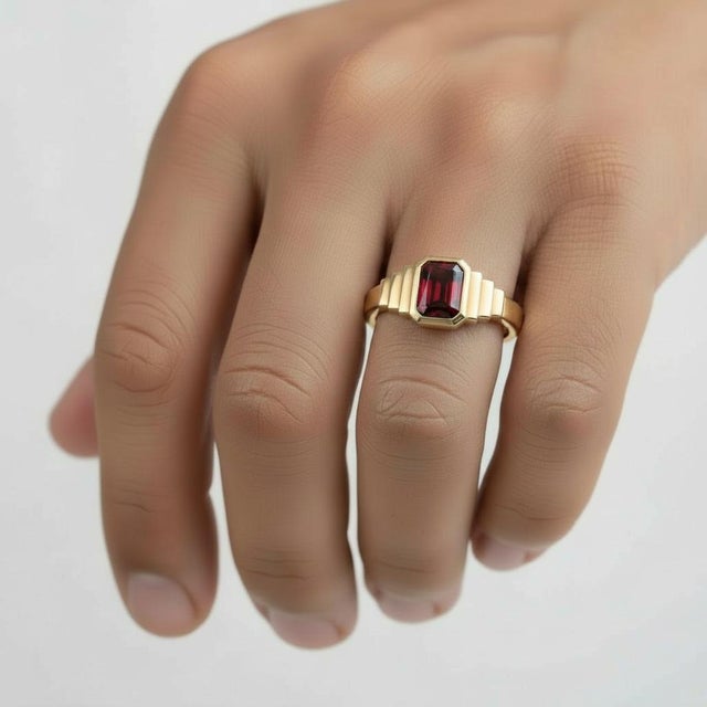 Not Yet Made - Made To Order Garnet Solitaire Ring for Men Silver, Gold, Size 10 For Sale - Image 5 of 5