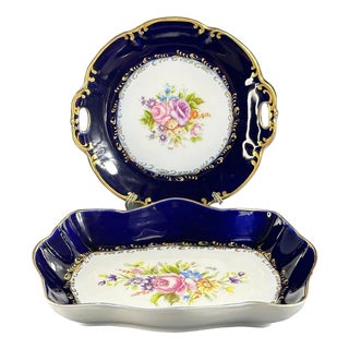 French Cobalt Blue Plates with Flowers from Limoges, 1950s, Set of 2 For Sale