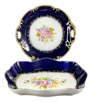French Cobalt Blue Plates with Flowers from Limoges, 1950s, Set of 2
