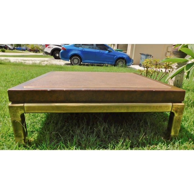 Brown Large Vintage Mid Century Mastercraft Solid Brass & Leather Top Square Coffee Table For Sale - Image 8 of 13