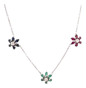 14 Karat Gold Necklace With 3 Flowers in Ruby Sapphire Emerald With Diamonds