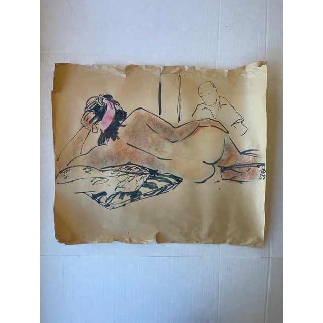 Mid-Century Modern Vintage Mid-20th Century Life Drawing of Reclining Nude Woman and Artist in Studio, Mixed Media on Paper. For Sale - Image 3 of 11