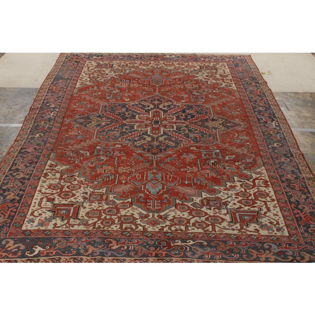 Traditional Hand-Knotted Antique Persian Heriz Rug, Rust-Red, White, Blue Medallion Pattern For Sale - Image 3 of 9
