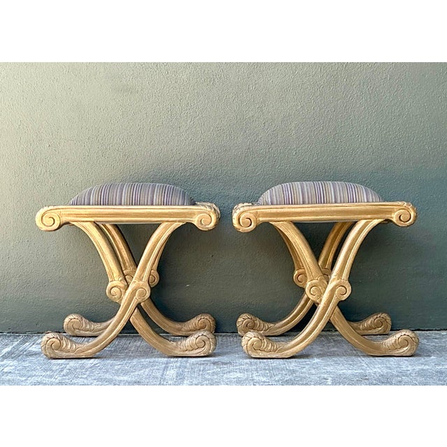 Mid-Century Modern Vintage Gilt Tipped X Benches - A Pair For Sale - Image 3 of 12