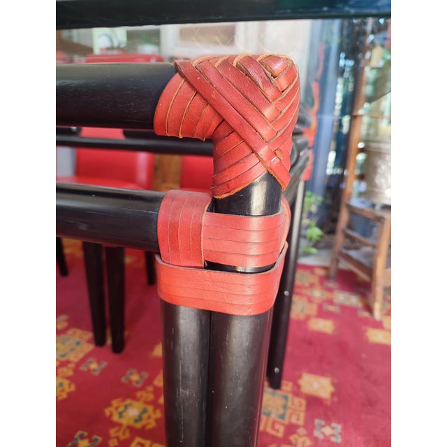 Black Lacquered Bamboo-Style Table with Glass Top and Red Leather Woven Straps, 1980s For Sale - Image 4 of 9