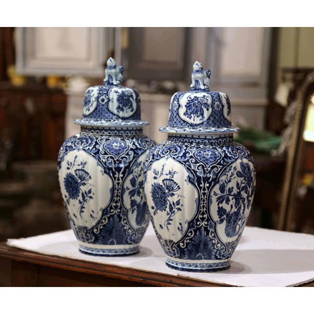 Ceramic Pair of Mid-Century Dutch Delft Blue and White Faience Ginger Jars For Sale - Image 7 of 10