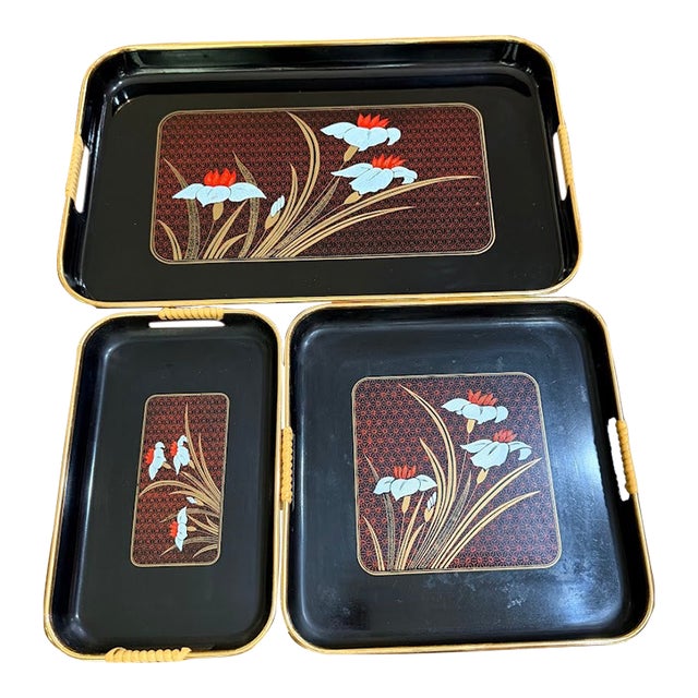 VTG Japanese Lacquer Nesting Trays Set 3 Black Gold Floral Bamboo Acrylic MCM 70 For Sale