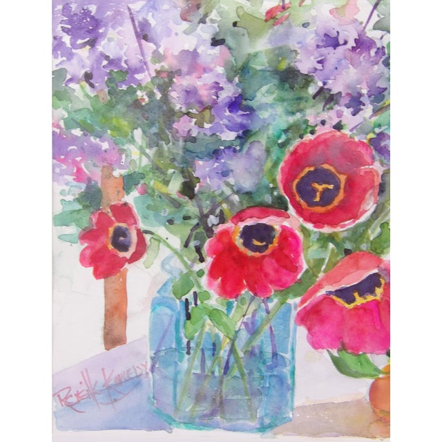 Shabby Chic 1990s Original Signed Impressionist Floral Watercolor Painting | Red Poppies, Lilacs & Pear Still Life | Signed For Sale - Image 3 of 11