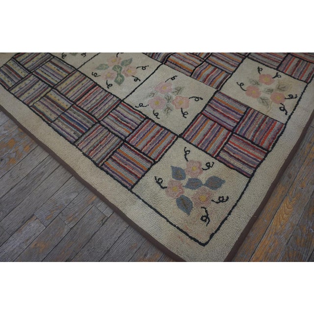 Remarkable Beige Color With Geometric and Floral Design Vintage American Hooked Rug For Sale - Image 13 of 15
