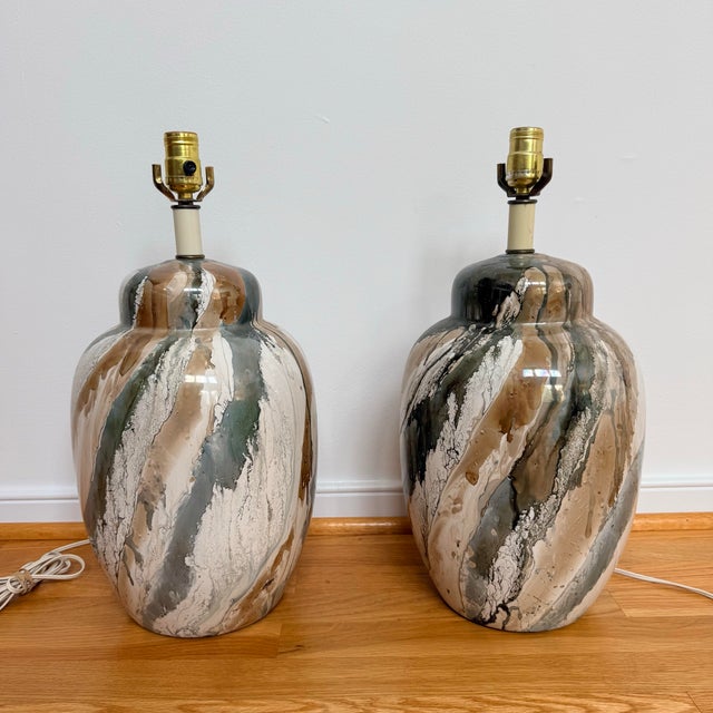 Pair of Vintage Marbled Glaze Table Lamps in Sage, Cream & Taupe, Organic Modern - A Pair For Sale - Image 4 of 8