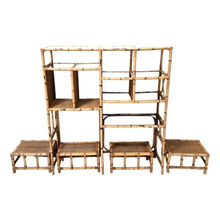 Postmodern Bamboo Bookcase with Smoked Glass Shelves by Vivai del Sud, Italy, 1970s, Set of 5 For Sale