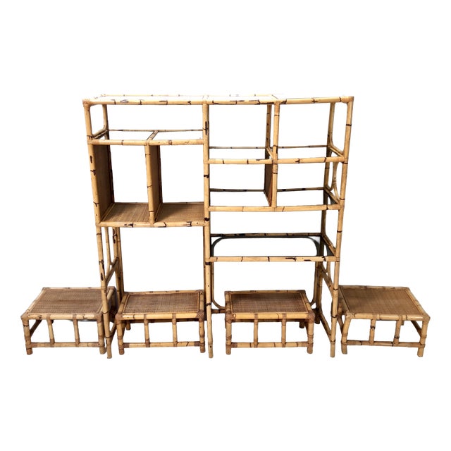 Postmodern Bamboo Bookcase with Smoked Glass Shelves by Vivai del Sud, Italy, 1970s, Set of 5 For Sale