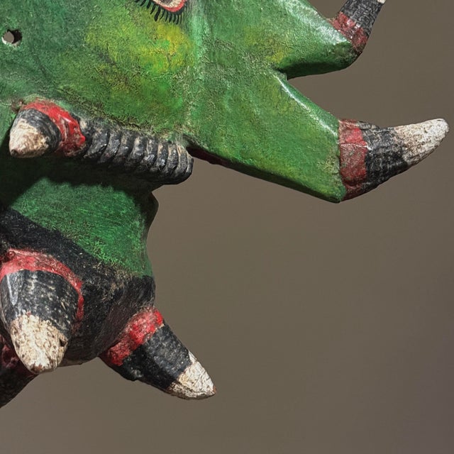 Wood Antique Folk Art Polychrome Caiman Guerrero Green Horned Bearded Man Mask For Sale - Image 7 of 7